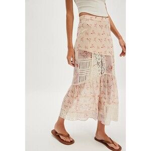 Free People Daniella Lace Maxi Skirt Sheer Floral Printed Lace Tiered XS 279677
